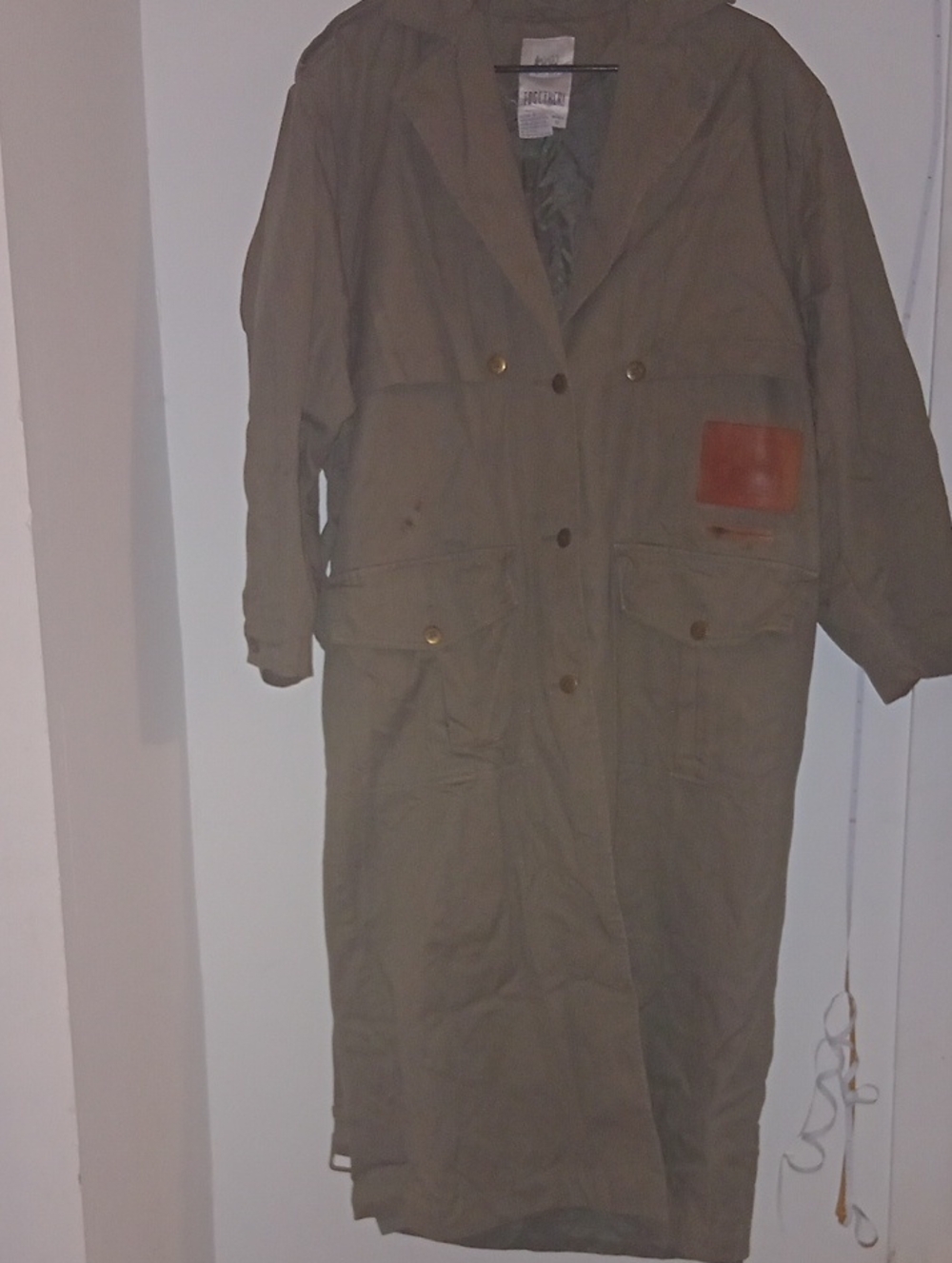 Together Vintage Olive Green Long Trench Coat with Brown Patch. Missy 10